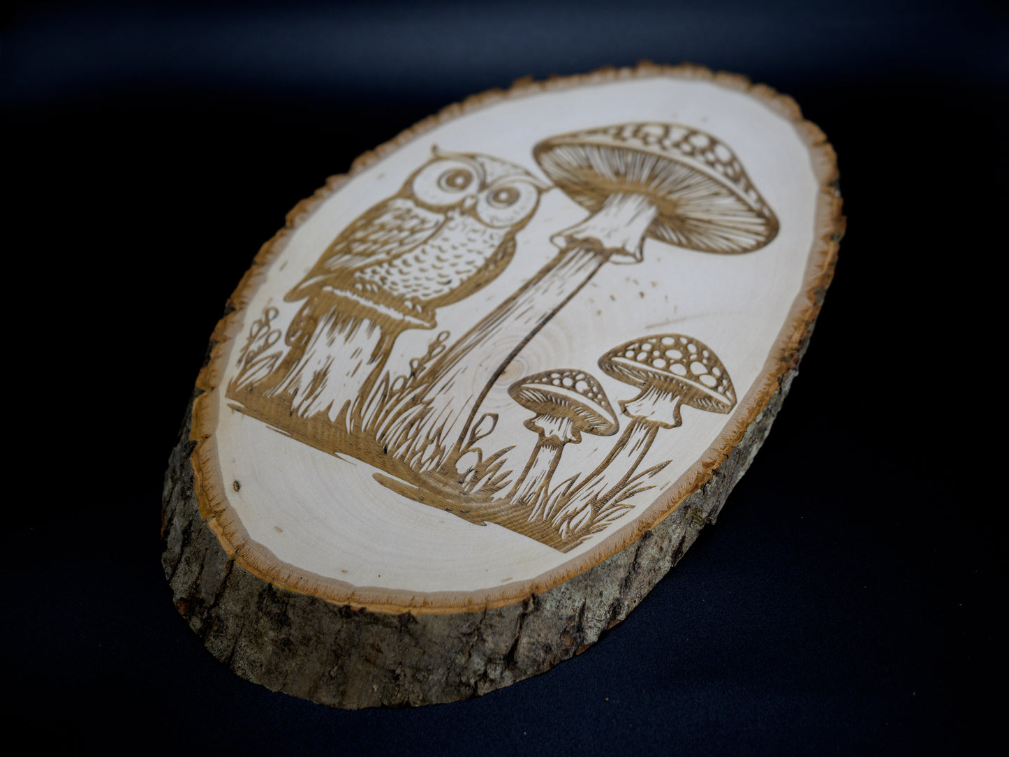 Owl Mushrooms Wood Art, Cottagecore Owl with Mushrooms Engraved on Basswood Oval with Live Edge (Copy)