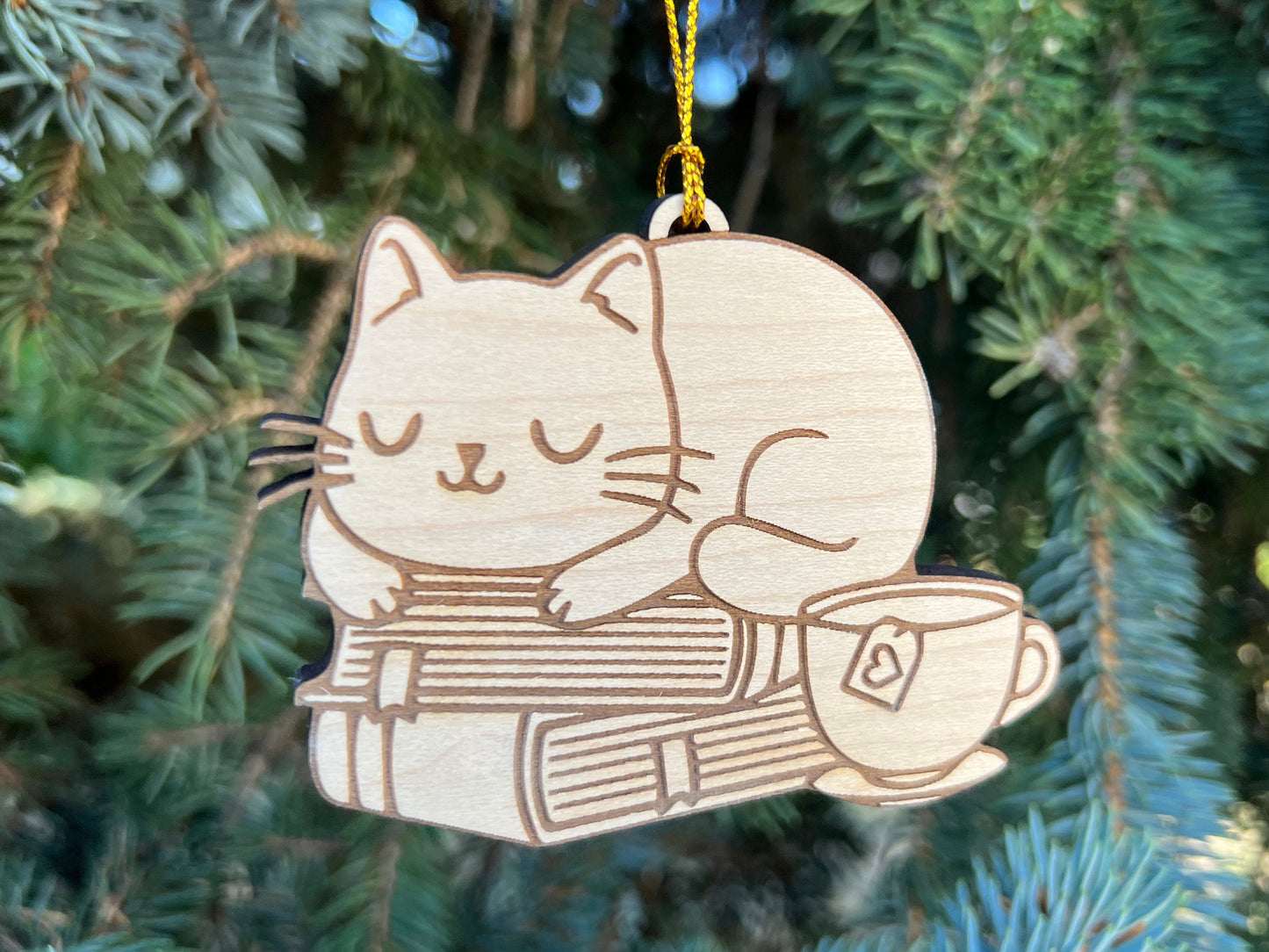 Books & Cat Ornament, Cat Lovers Gift, Book Lovers Gift Tag, Cat Christmas Ornament, Ornament for People Who Love Cats and Reading