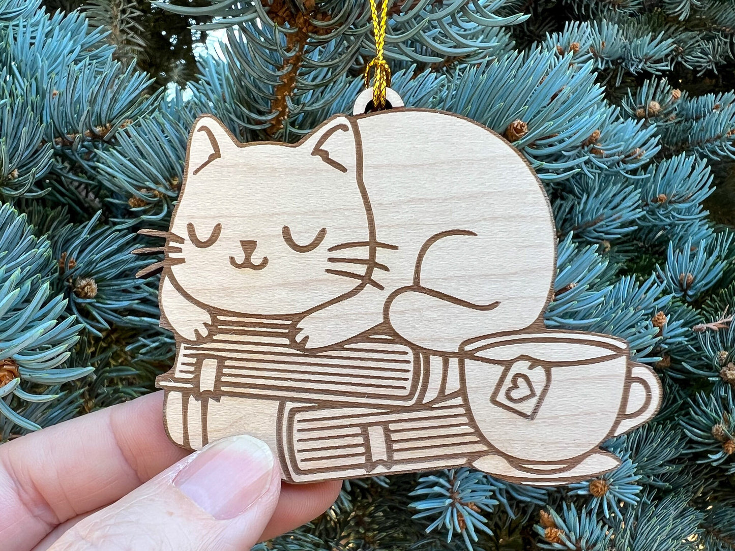 Books & Cat Ornament, Cat Lovers Gift, Book Lovers Gift Tag, Cat Christmas Ornament, Ornament for People Who Love Cats and Reading