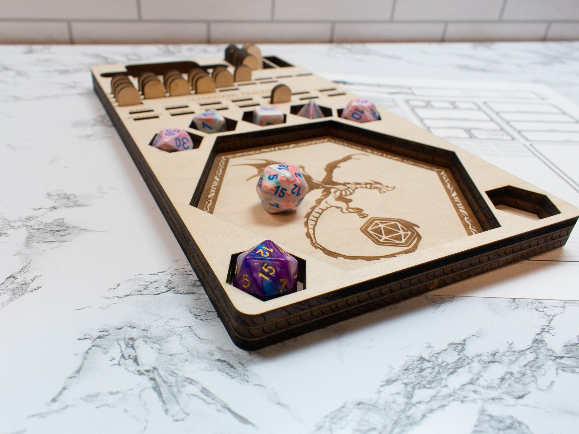 D&D Player's Tray: DnD Dice Tray, Spell Slot Tracker, Conditions Tracker, Phone Holder, and Dice Holder