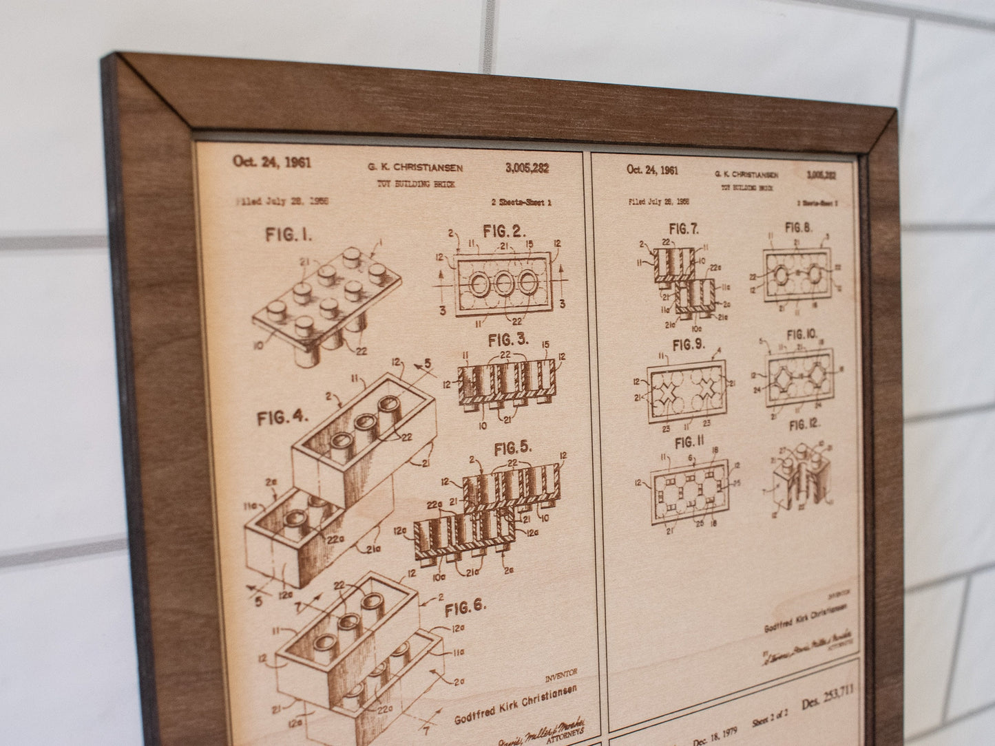Medium wood engraved patent information and pictures for Lego brick and mini-figs