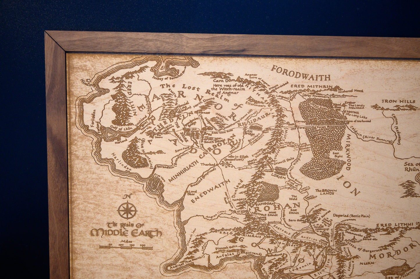 Lord of the Rings Middle Earth Map, Wood Engraved Map of The Hobbit / LOTR