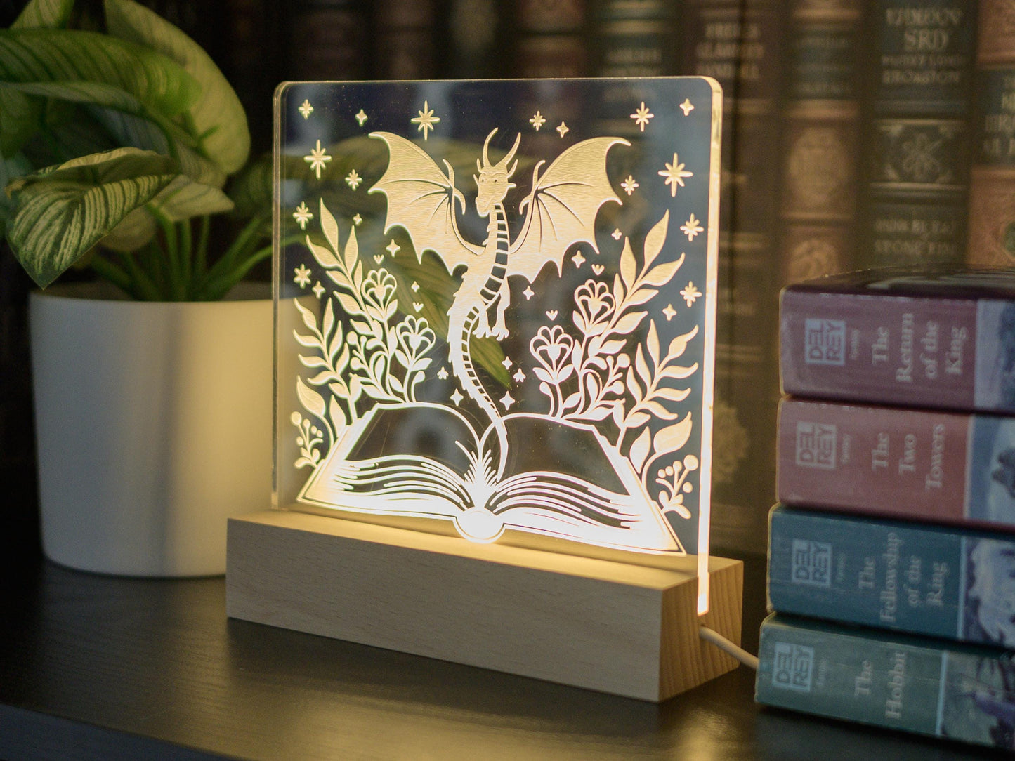 Book Dragon Lighted Sign: Fantasy Bookshelf Decor LED