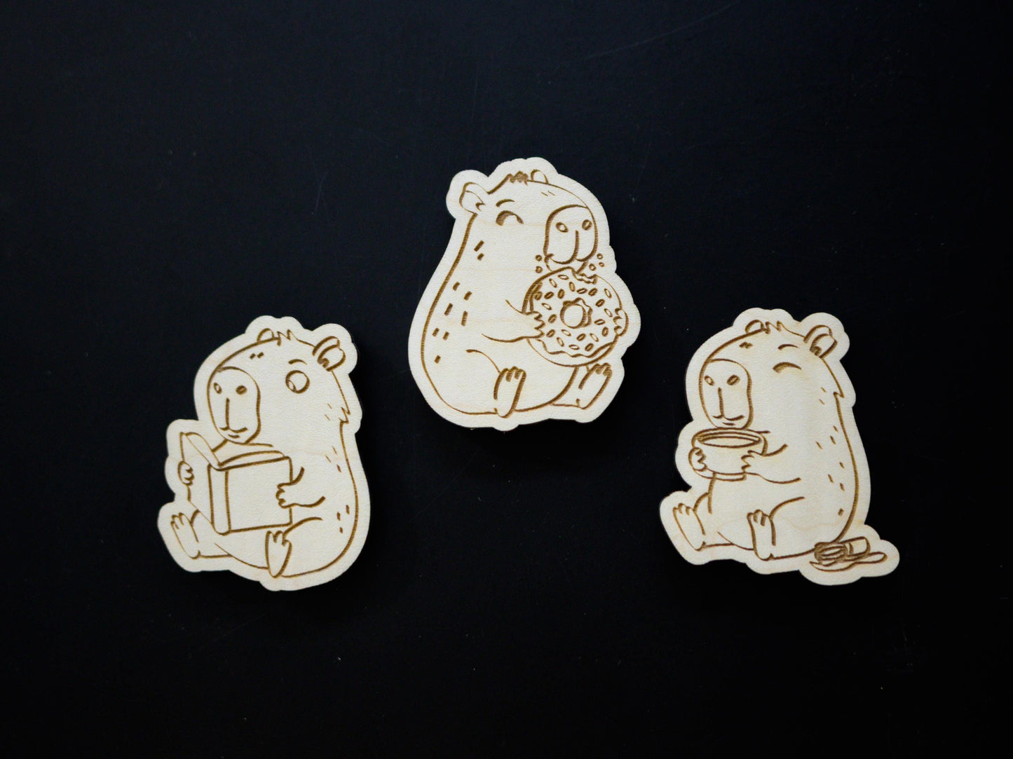 Capybara Wood Magnet Set - Set of 3 - Eating Donut, Reading Book, Sleeping - Cute Animal Fridge Decor, Gift for Capybara Lovers