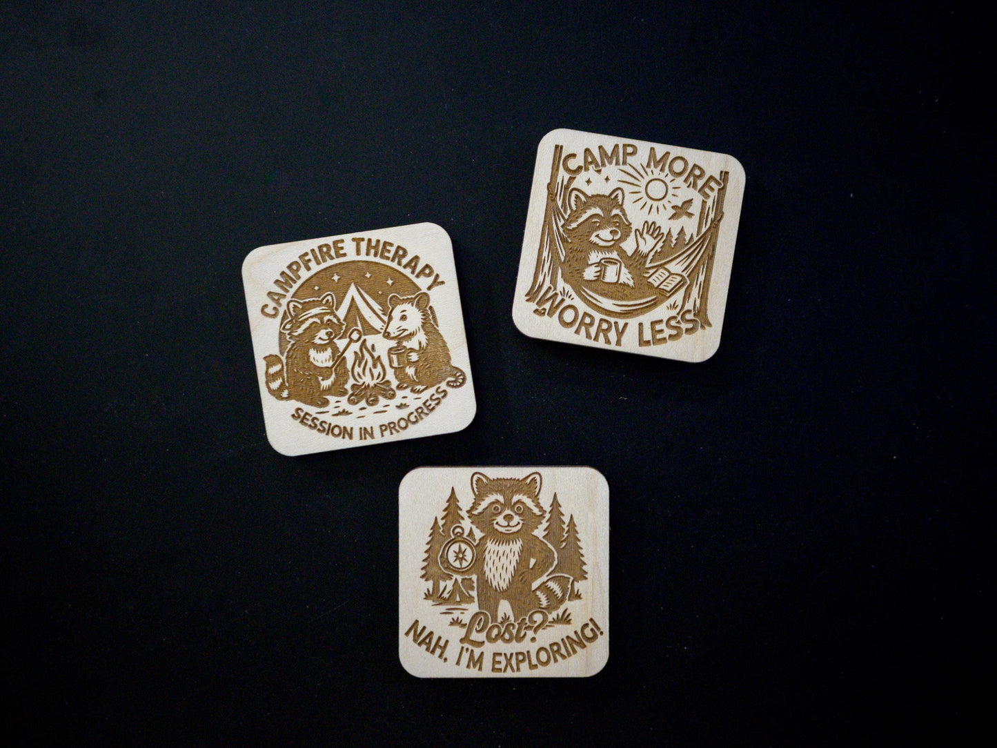 Camping Critters Wood Magnets - Set of 3 - Raccoon and Possum Camping - Trash Panda Fridge Decor