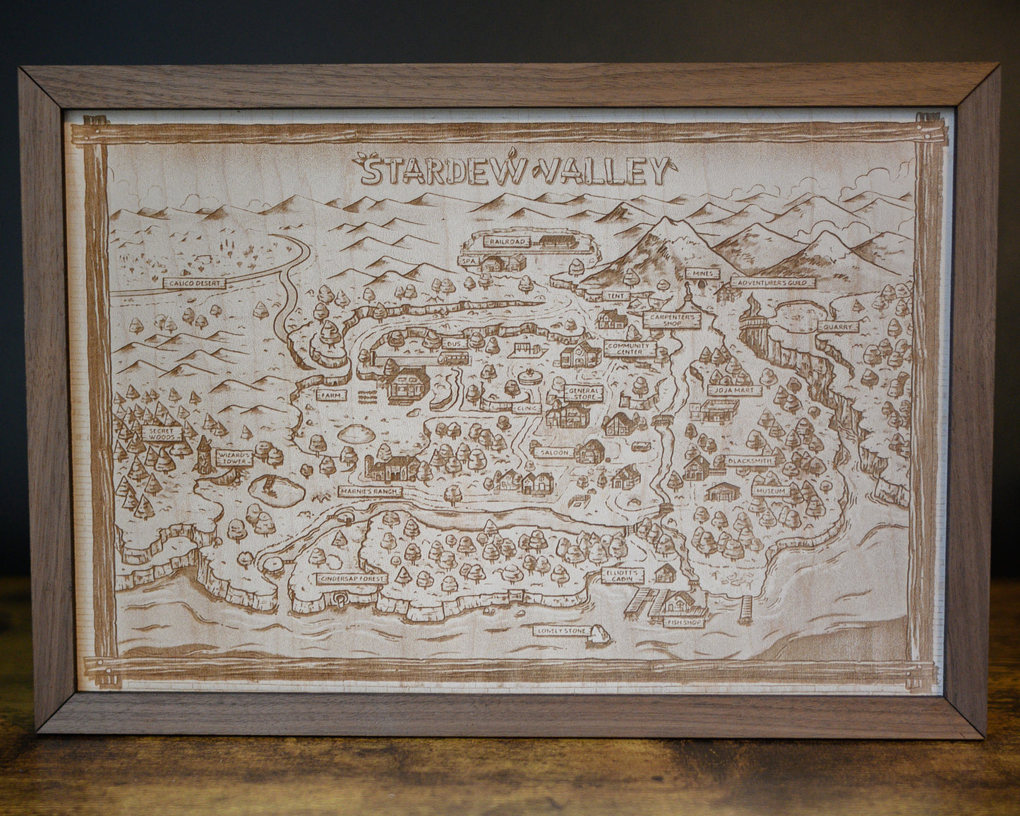 Stardew Valley Wood Engraved Map