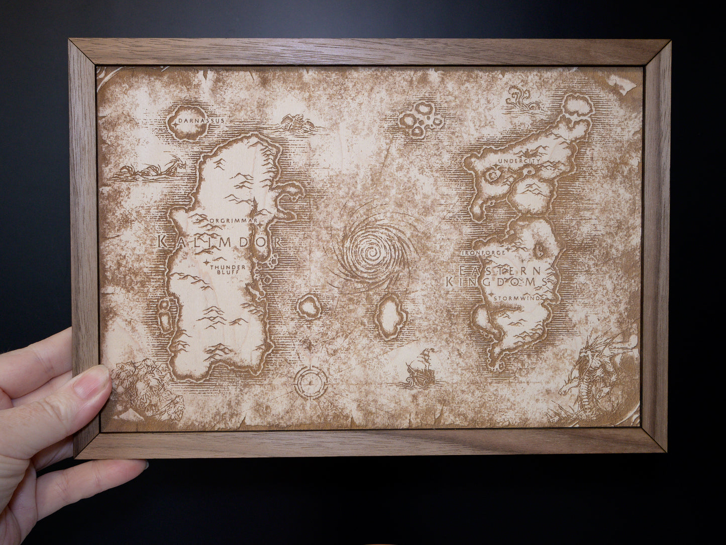 World of Warcraft Map, MMORPG Wood Engraved Display Map Art