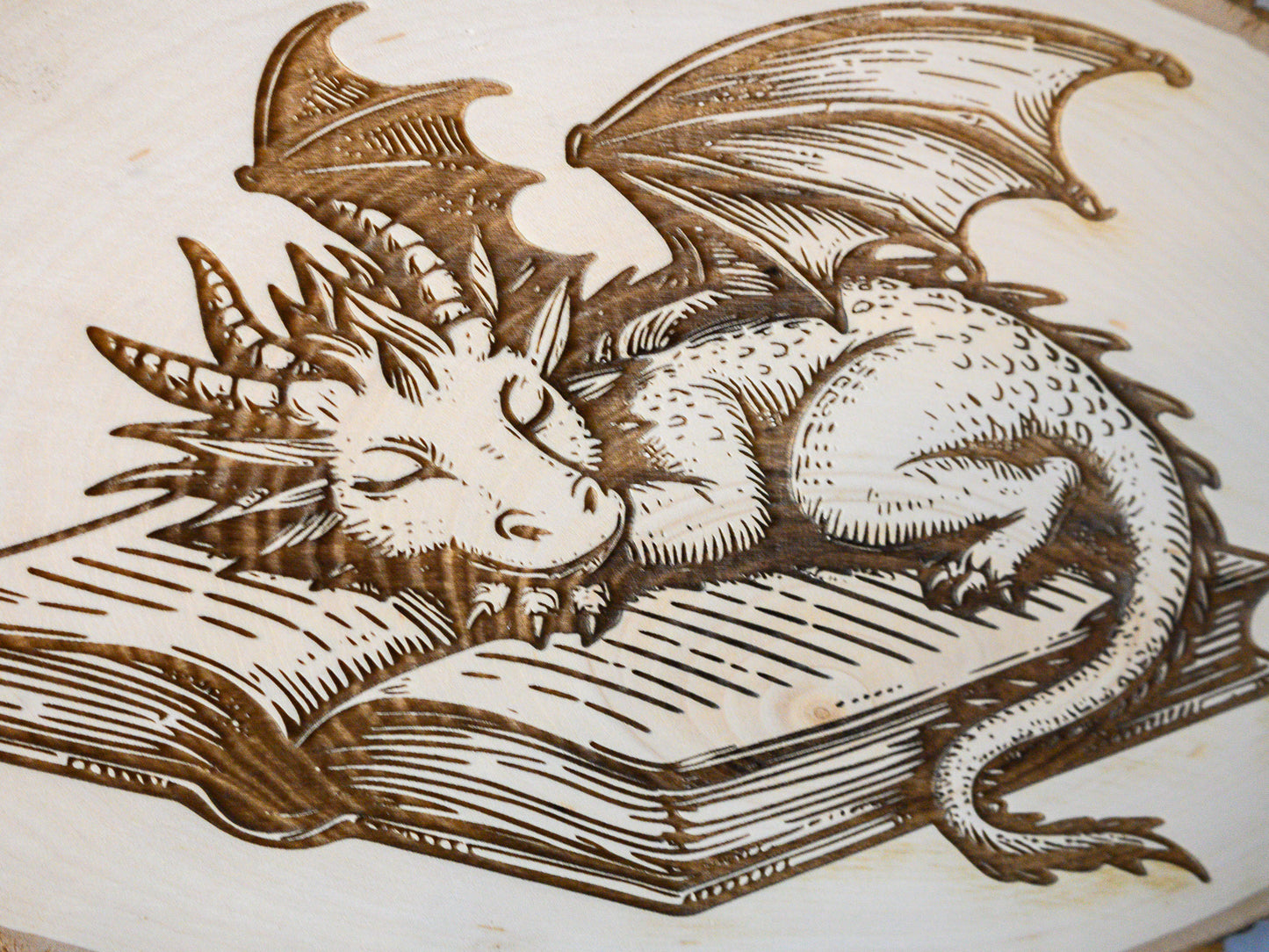Dragon Wood Art, Sleeping Book Dragon Engraved on Basswood Oval with Live Edge