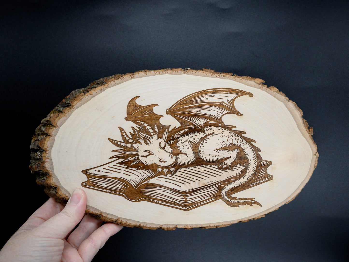 Dragon Wood Art, Sleeping Book Dragon Engraved on Basswood Oval with Live Edge