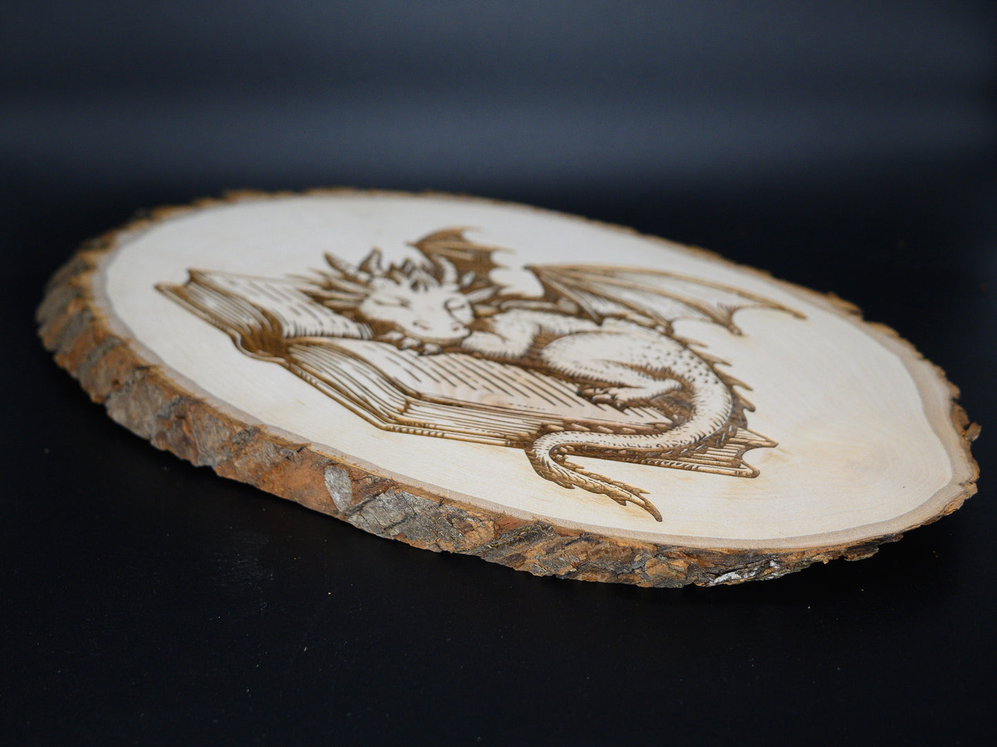 Dragon Wood Art, Sleeping Book Dragon Engraved on Basswood Oval with Live Edge