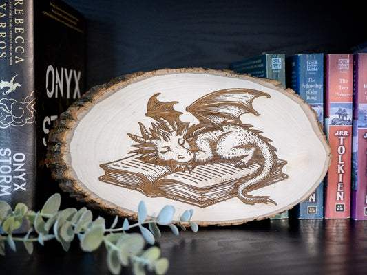 Dragon Wood Art, Sleeping Book Dragon Engraved on Basswood Oval with Live Edge