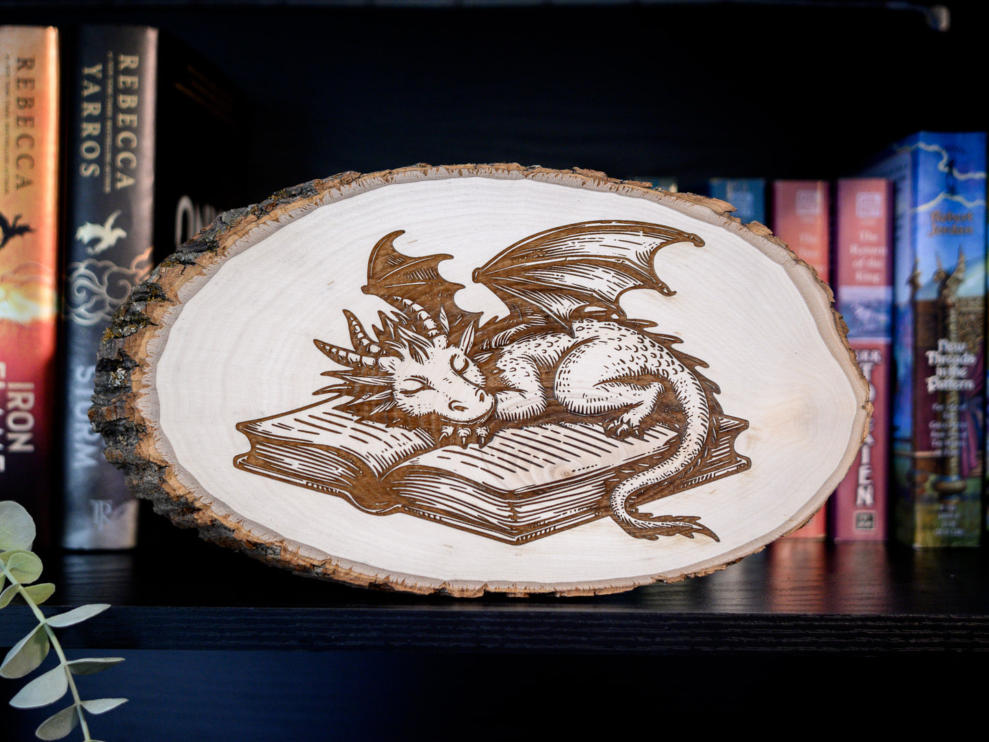 Dragon Wood Art, Sleeping Book Dragon Engraved on Basswood Oval with Live Edge