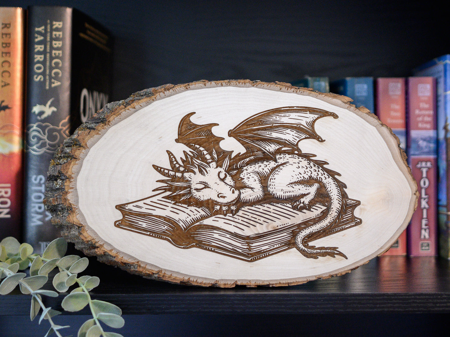 Dragon Wood Art, Sleeping Book Dragon Engraved on Basswood Oval with Live Edge