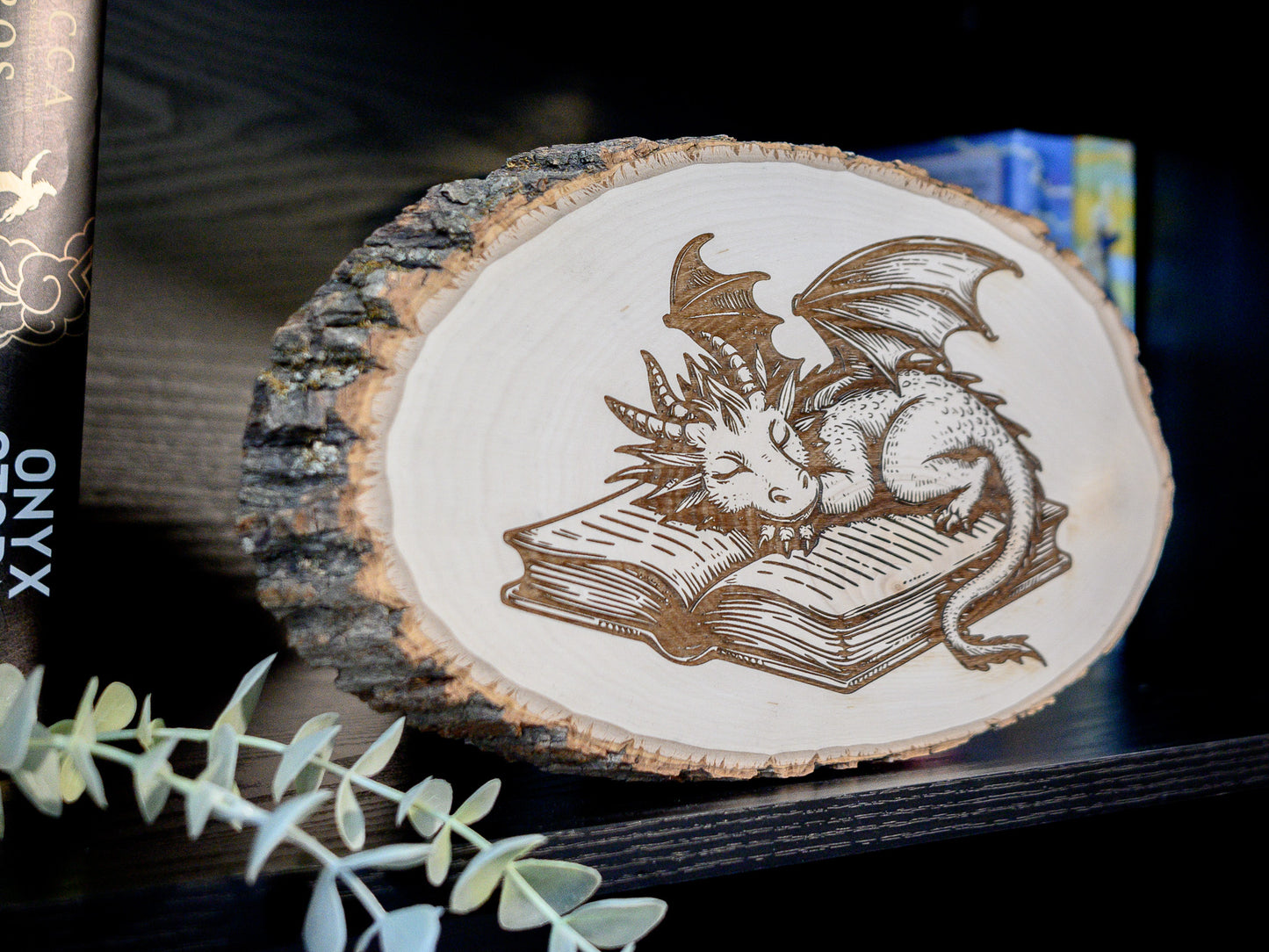 Dragon Wood Art, Sleeping Book Dragon Engraved on Basswood Oval with Live Edge