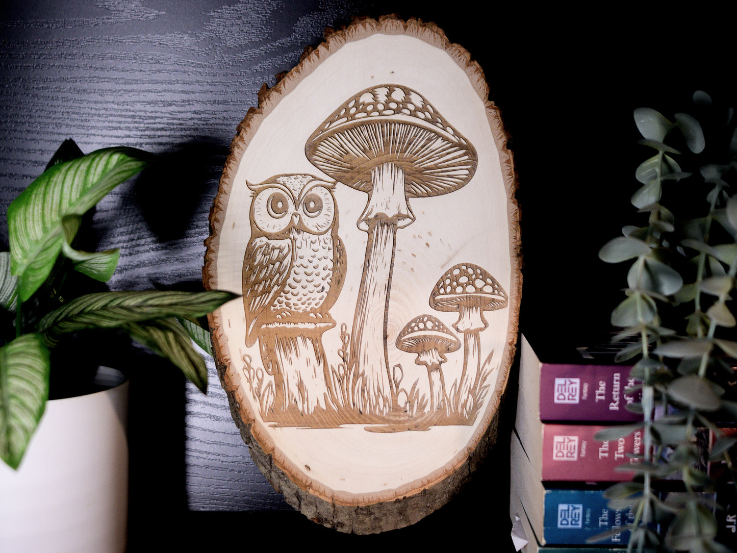 Owl Mushrooms Wood Art, Cottagecore Owl with Mushrooms Engraved on Basswood Oval with Live Edge (Copy)
