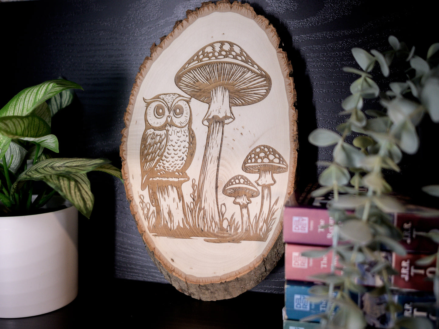 Owl Mushrooms Wood Art, Cottagecore Owl with Mushrooms Engraved on Basswood Oval with Live Edge (Copy)
