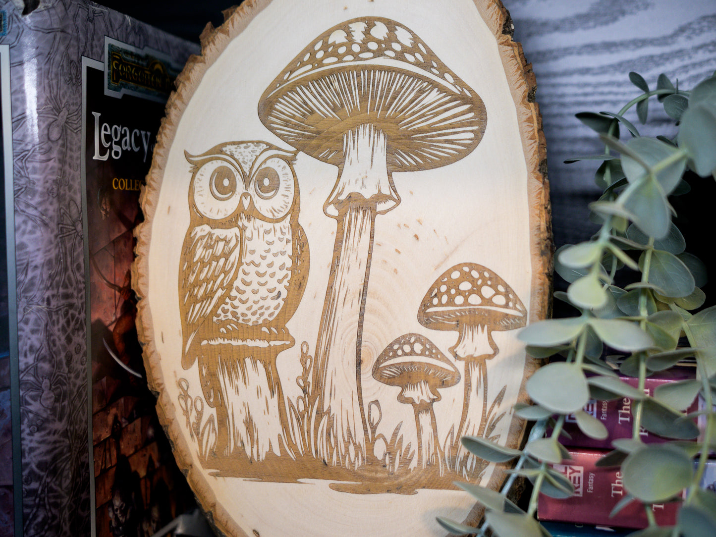 Owl Mushrooms Wood Art, Cottagecore Owl with Mushrooms Engraved on Basswood Oval with Live Edge (Copy)