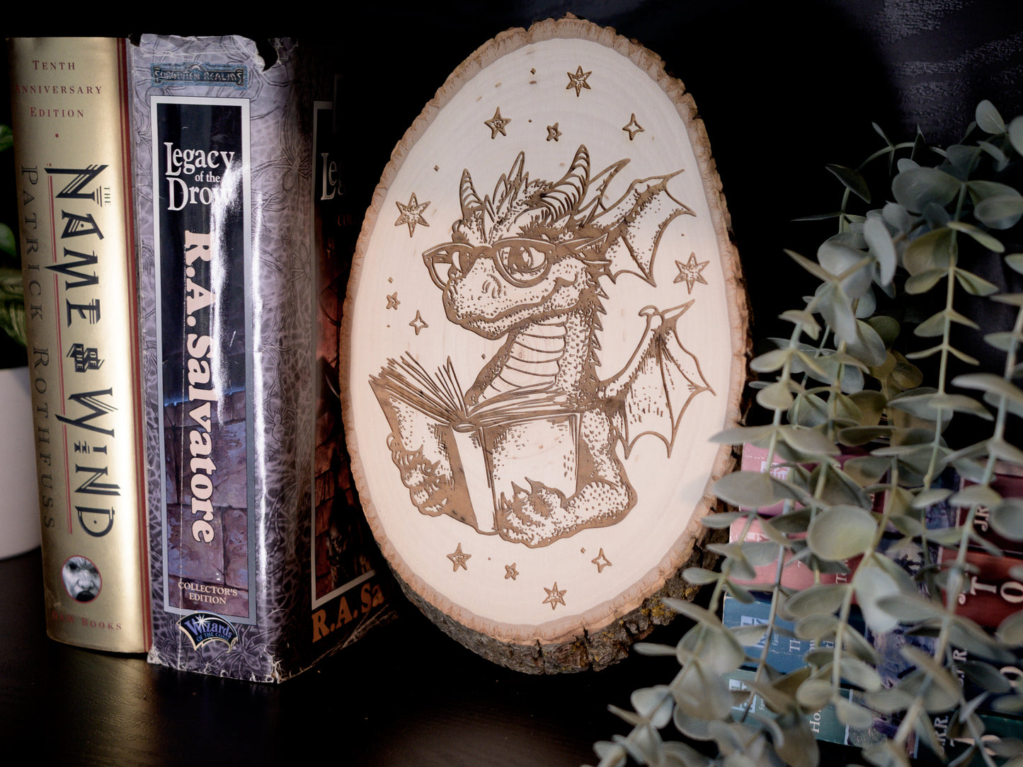Dragon Wood Art, Reading Dragon Engraved on Basswood Oval with Live Edge