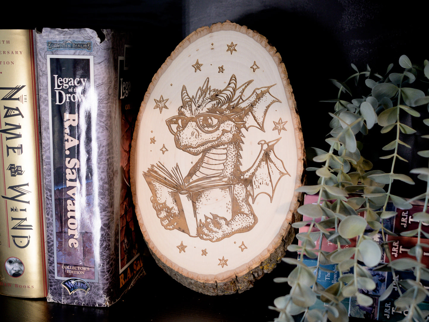 Dragon Wood Art, Reading Dragon Engraved on Basswood Oval with Live Edge