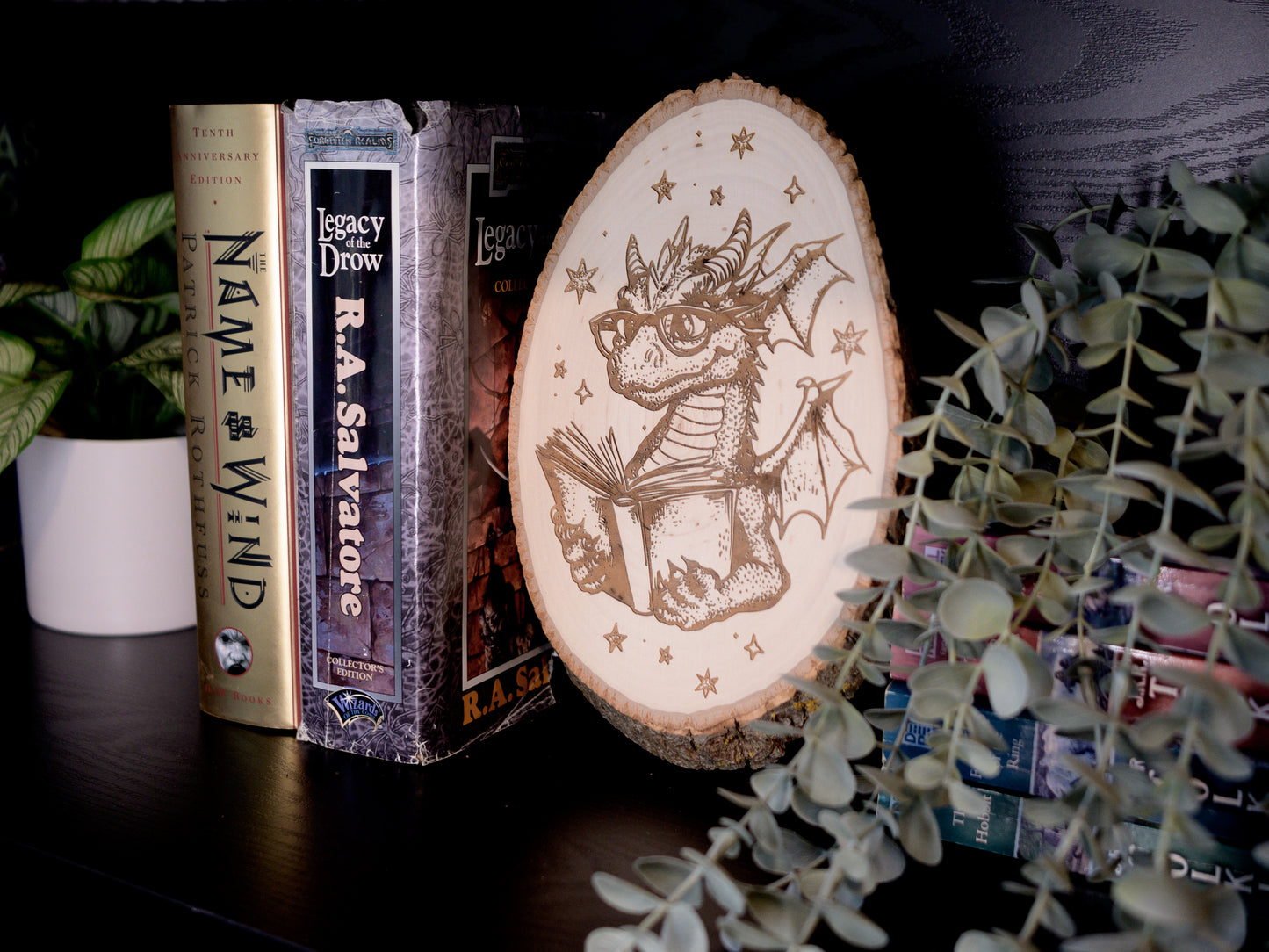 Dragon Wood Art, Reading Dragon Engraved on Basswood Oval with Live Edge