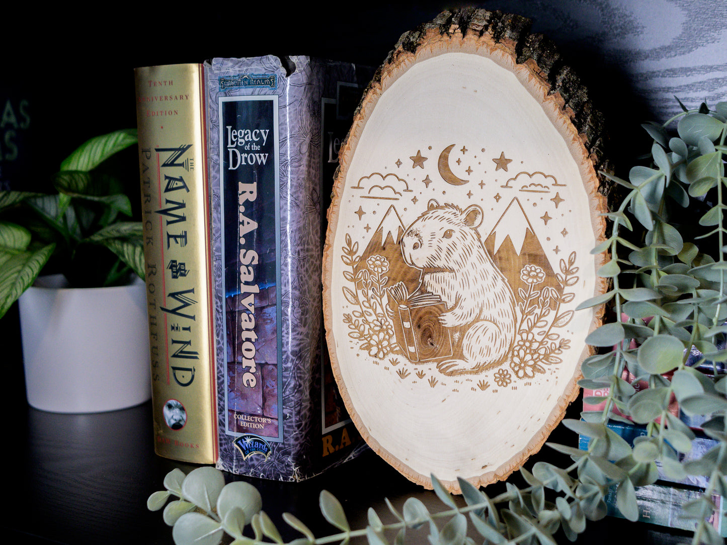 Capybara Reading Wood Art, Capybara Engraved on Basswood Oval with Live Edge