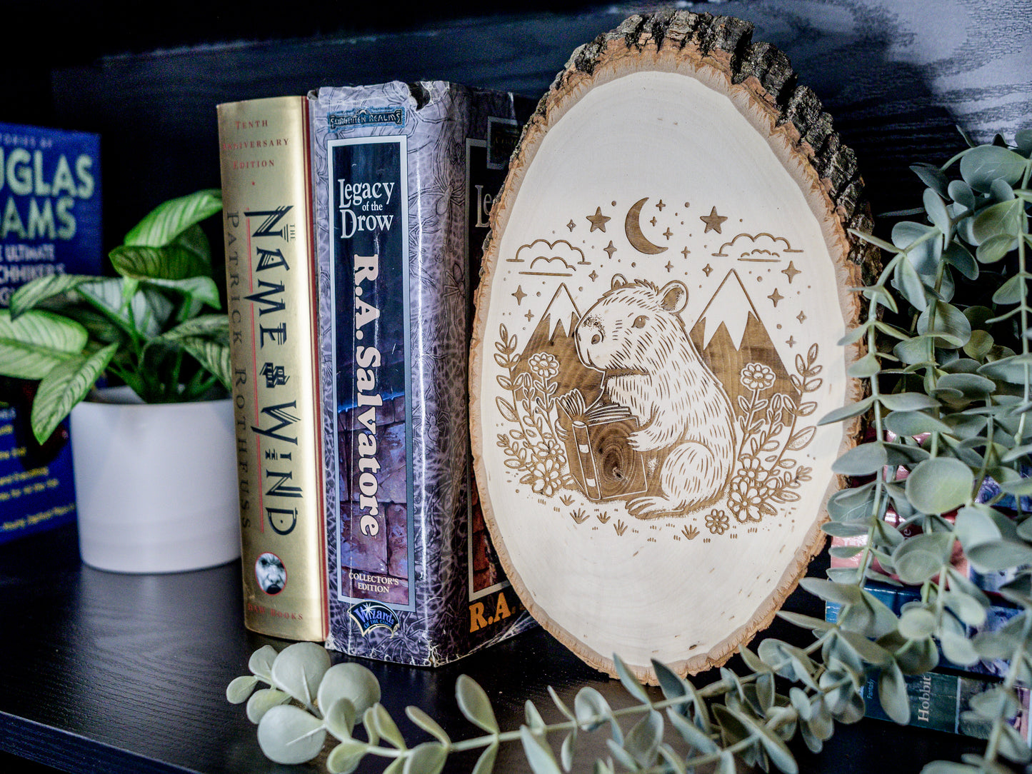 Capybara Reading Wood Art, Capybara Engraved on Basswood Oval with Live Edge