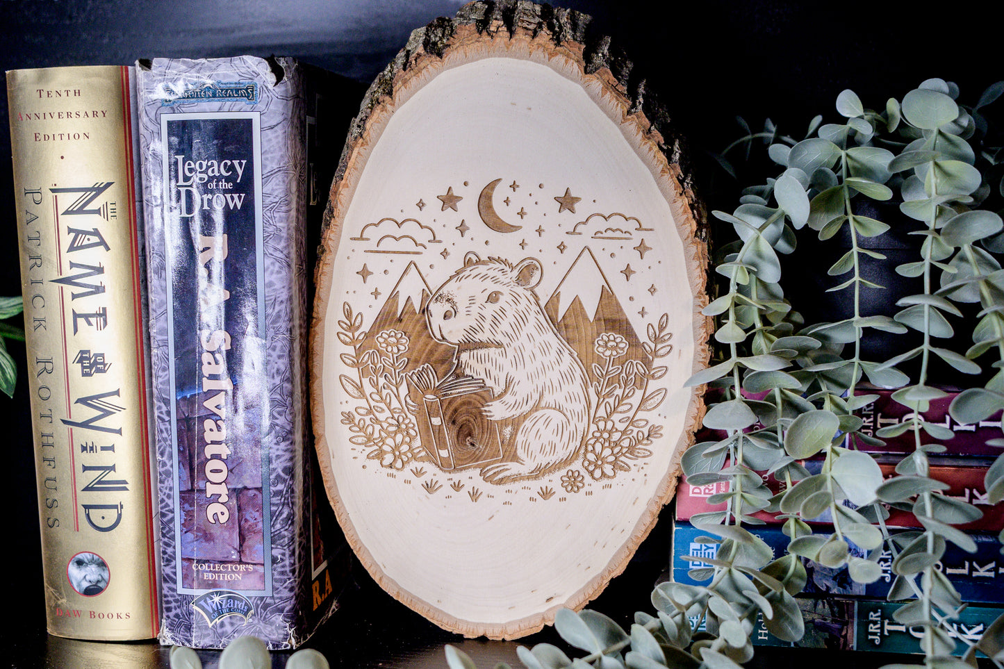 Capybara Reading Wood Art, Capybara Engraved on Basswood Oval with Live Edge