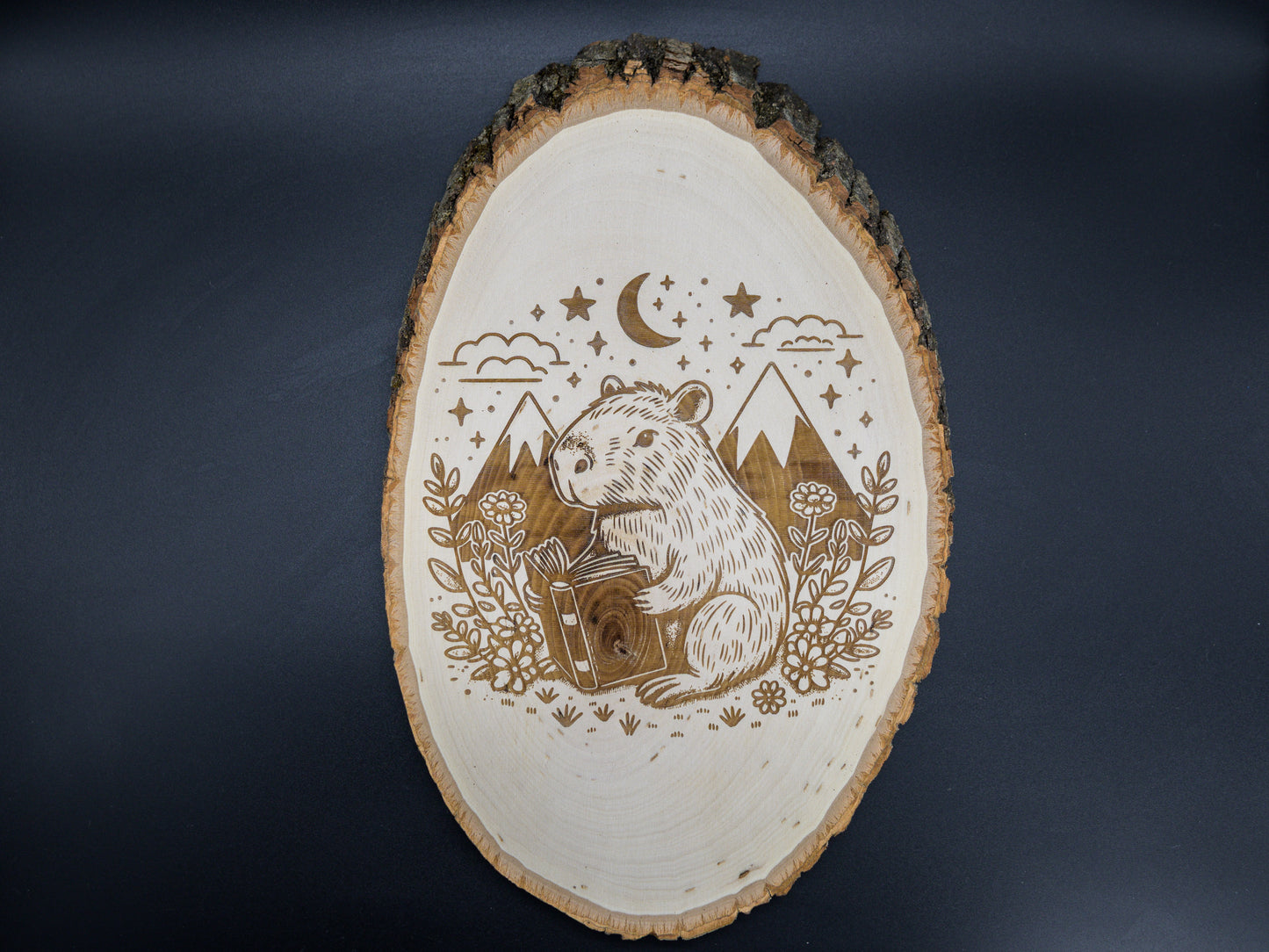 Capybara Reading Wood Art, Capybara Engraved on Basswood Oval with Live Edge