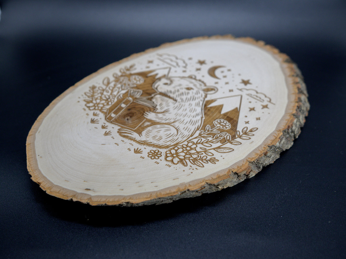 Capybara Reading Wood Art, Capybara Engraved on Basswood Oval with Live Edge