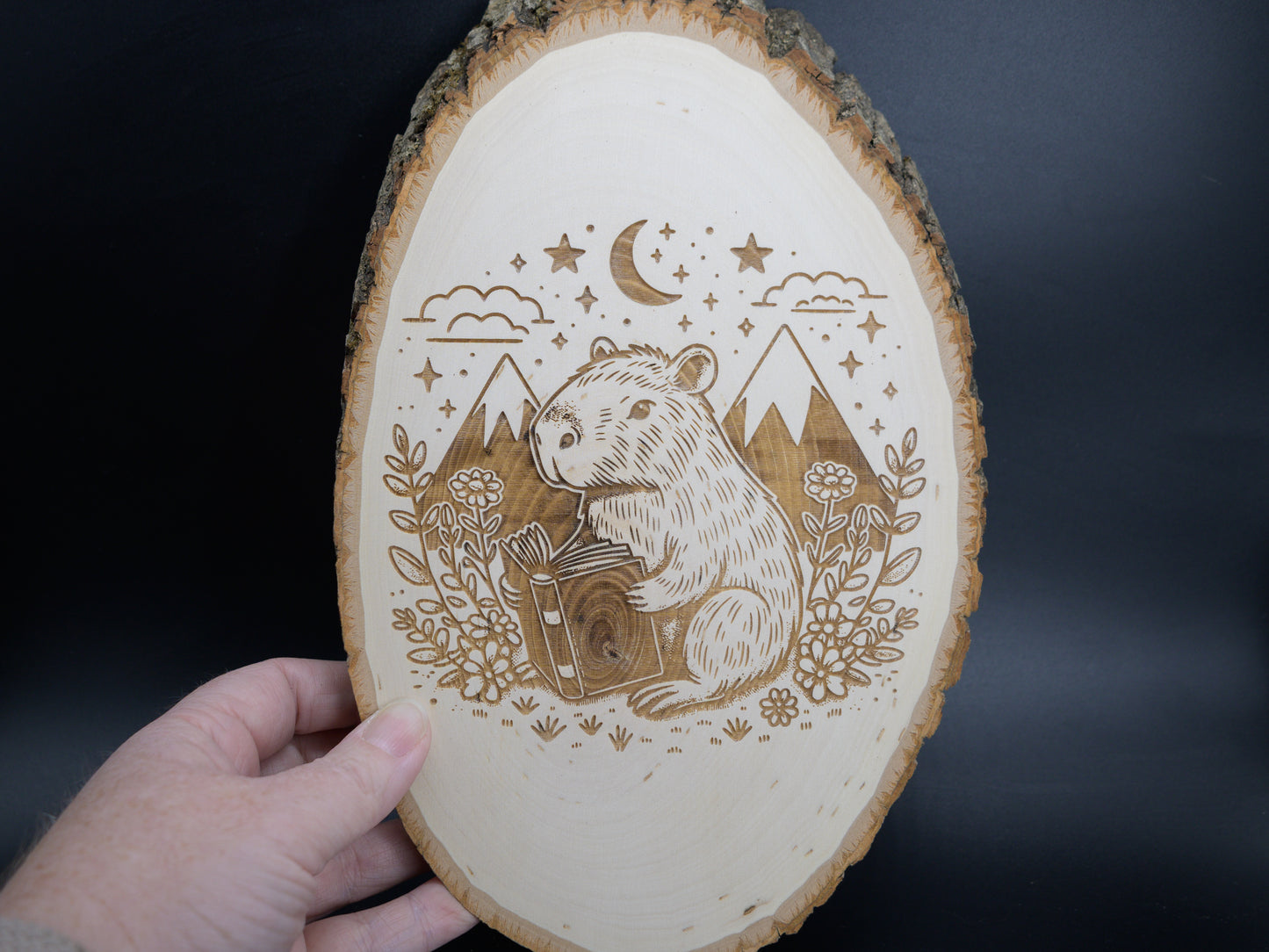 Capybara Reading Wood Art, Capybara Engraved on Basswood Oval with Live Edge