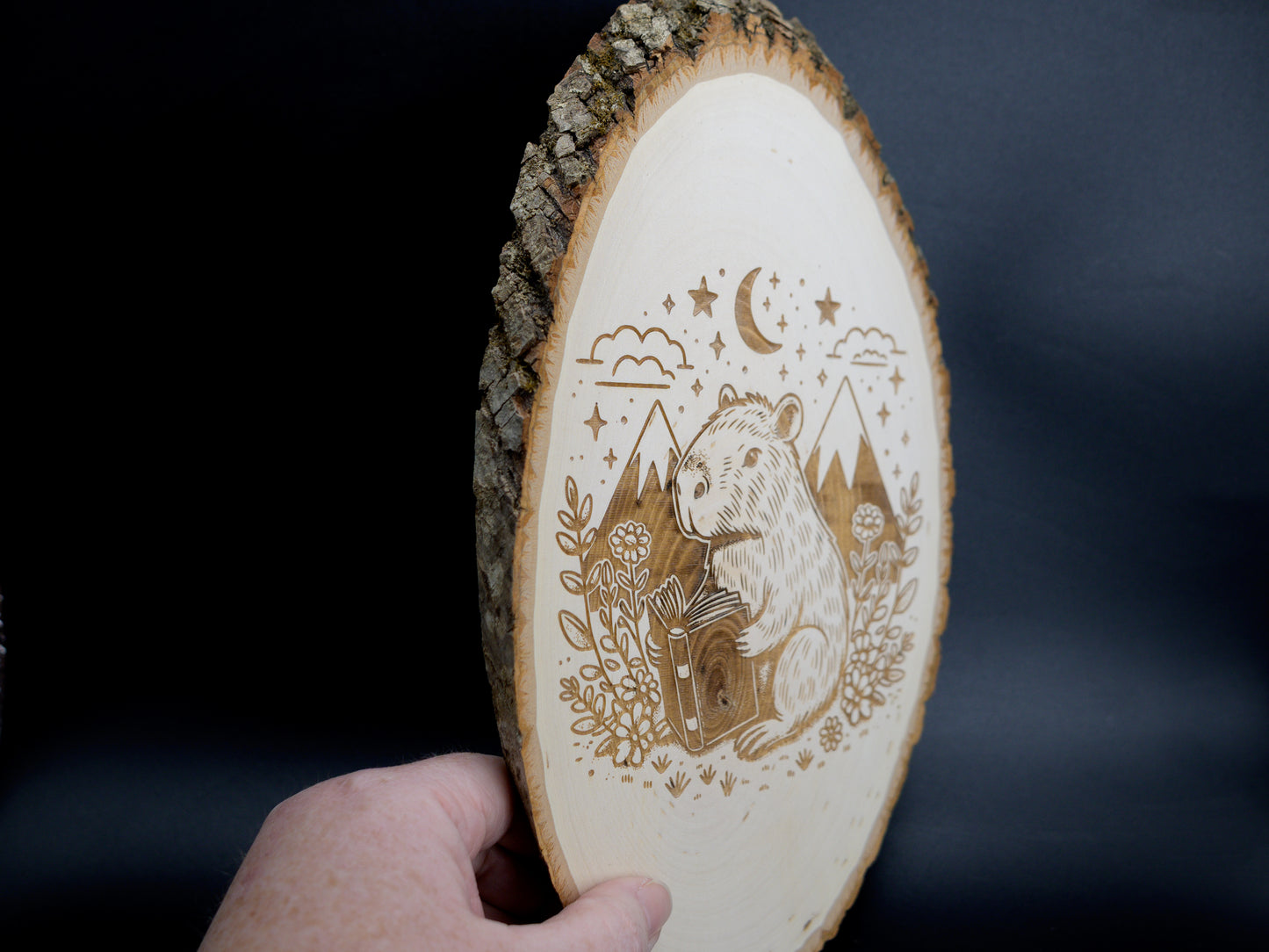 Capybara Reading Wood Art, Capybara Engraved on Basswood Oval with Live Edge