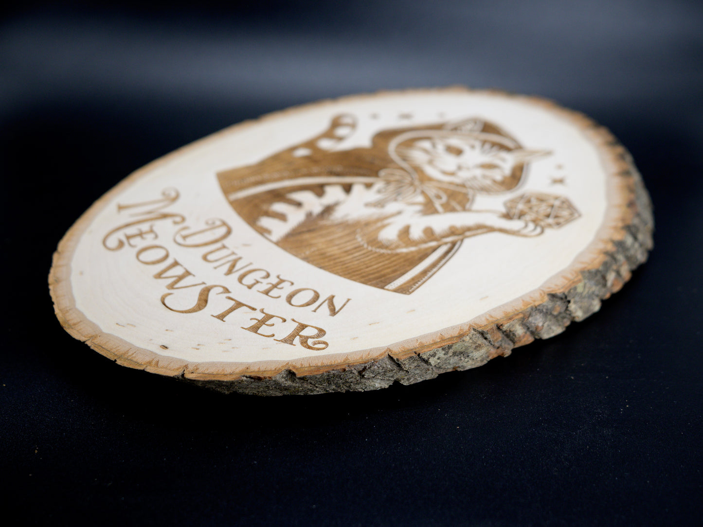 Dungeon Meowster Wood Art, DM Cat Engraved on Basswood Oval with Live Edge