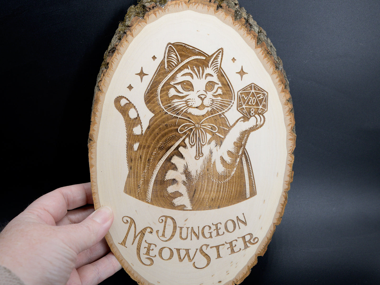 Dungeon Meowster Wood Art, DM Cat Engraved on Basswood Oval with Live Edge