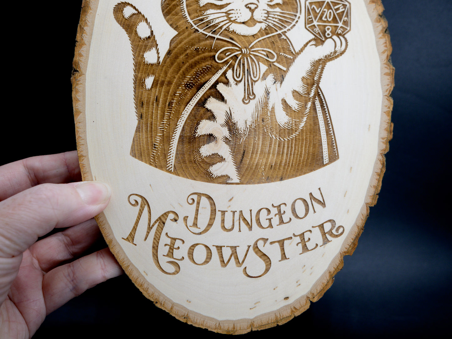 Dungeon Meowster Wood Art, DM Cat Engraved on Basswood Oval with Live Edge