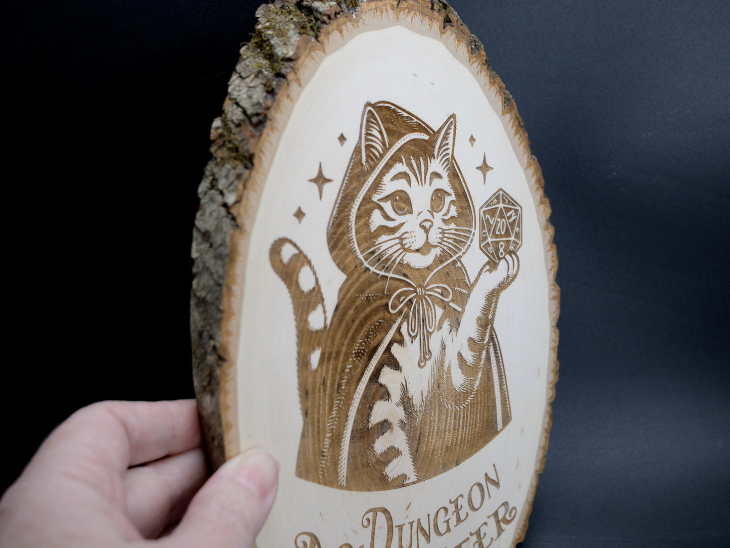Dungeon Meowster Wood Art, DM Cat Engraved on Basswood Oval with Live Edge