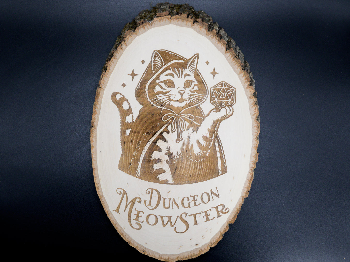 Dungeon Meowster Wood Art, DM Cat Engraved on Basswood Oval with Live Edge