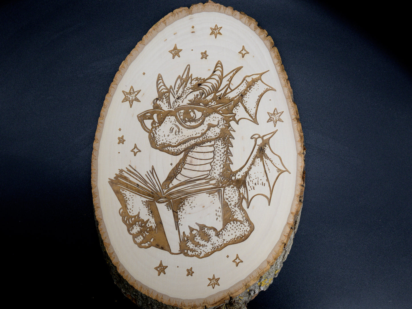 Dragon Wood Art, Reading Dragon Engraved on Basswood Oval with Live Edge