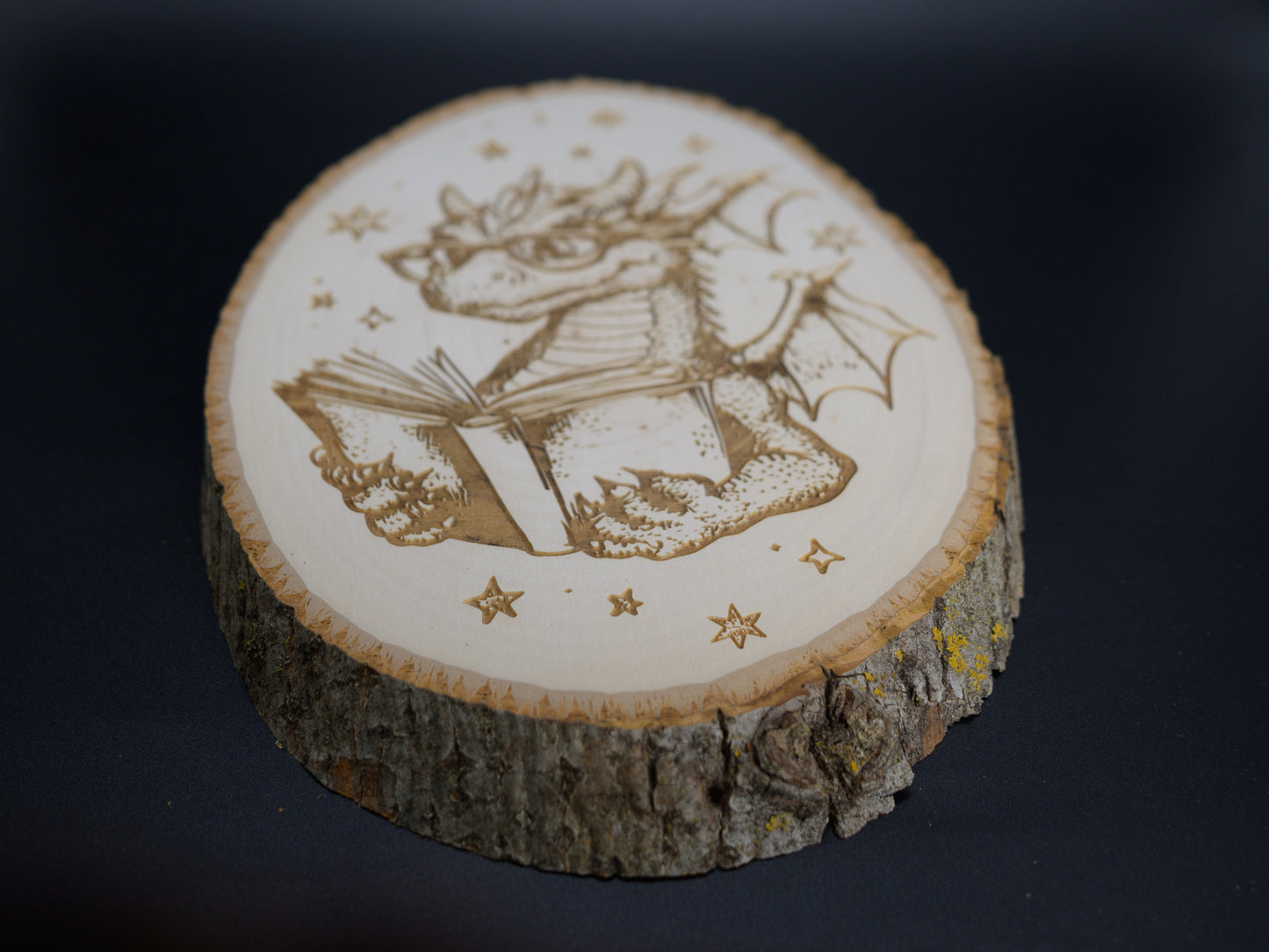 Dragon Wood Art, Reading Dragon Engraved on Basswood Oval with Live Edge