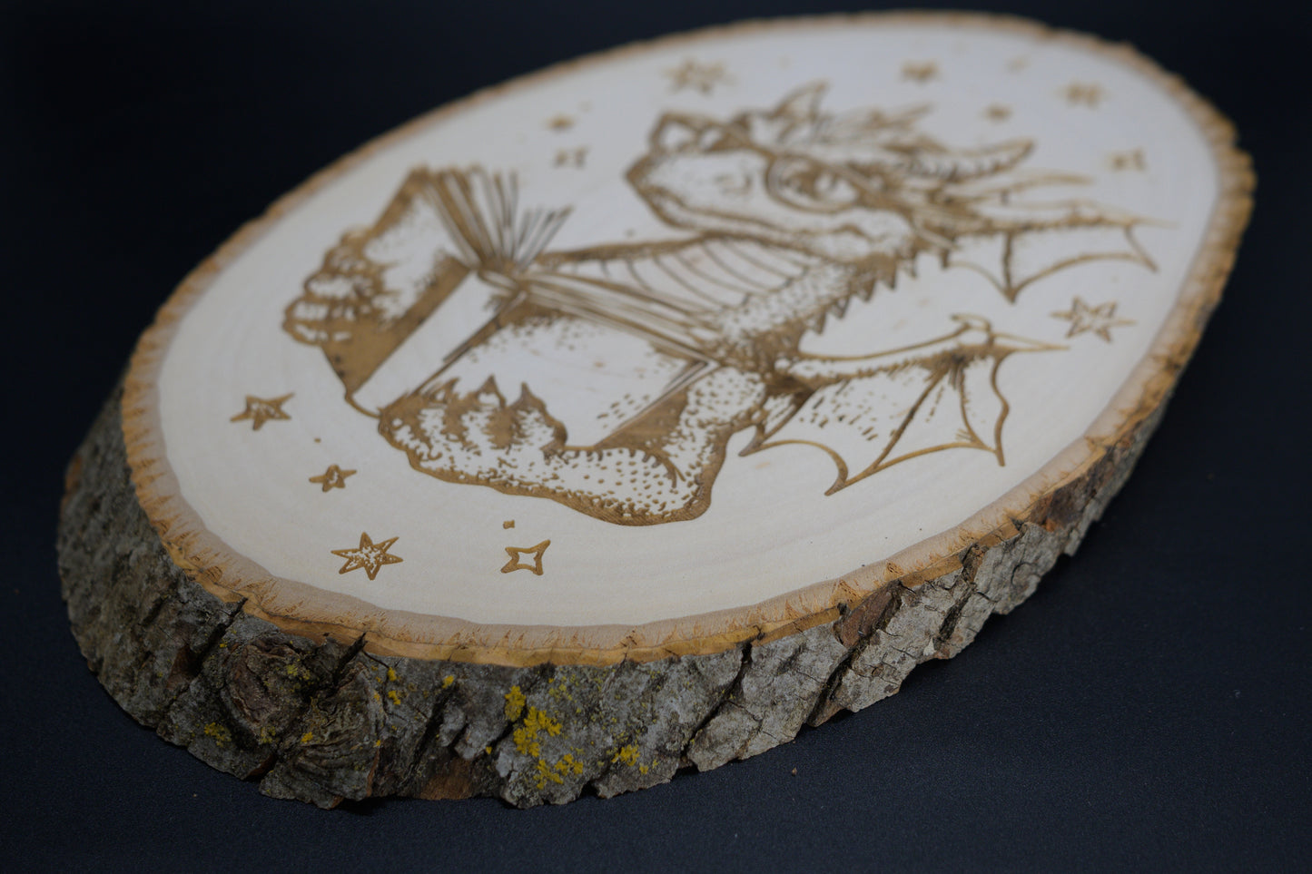 Dragon Wood Art, Reading Dragon Engraved on Basswood Oval with Live Edge