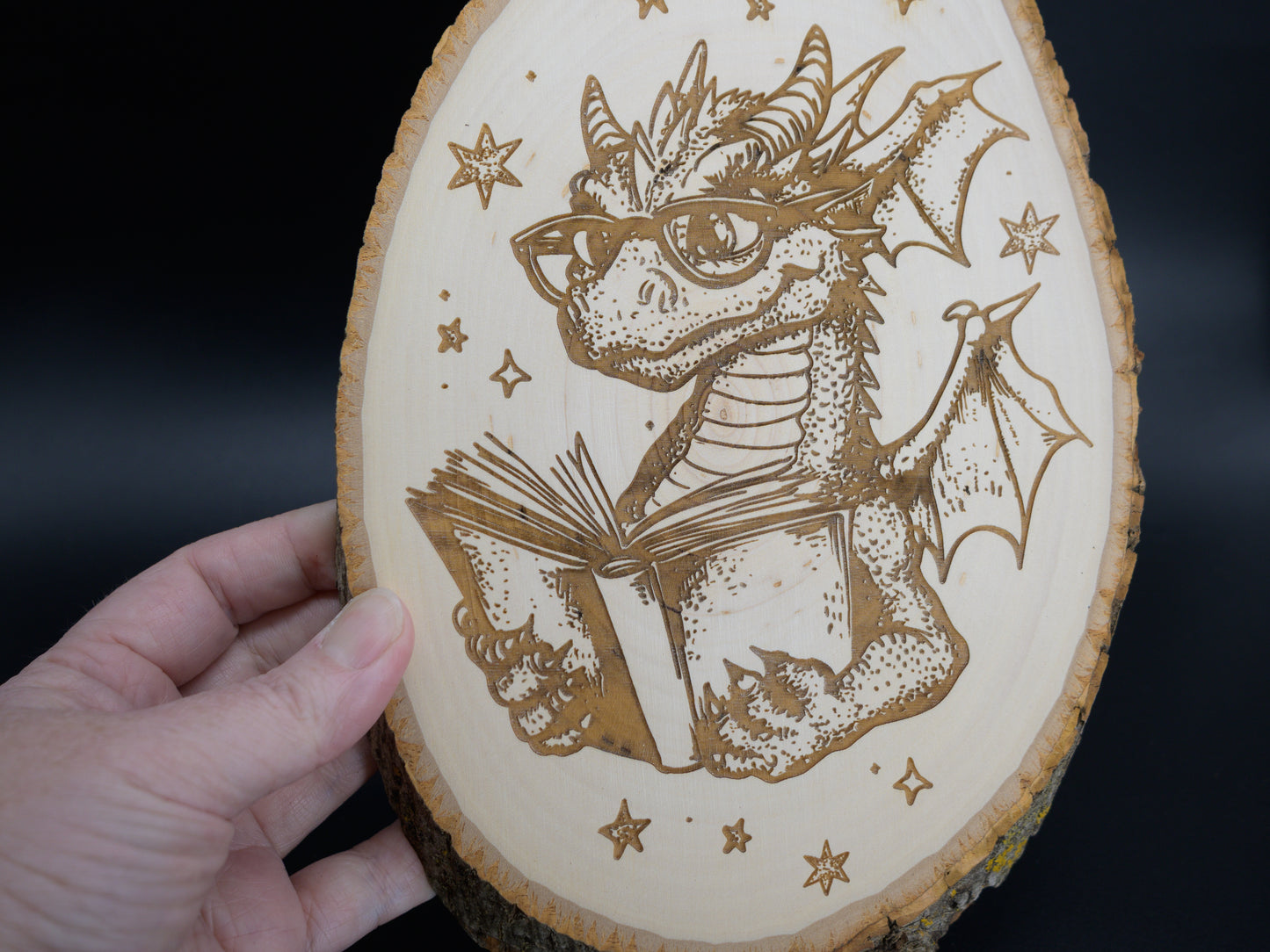 Dragon Wood Art, Reading Dragon Engraved on Basswood Oval with Live Edge