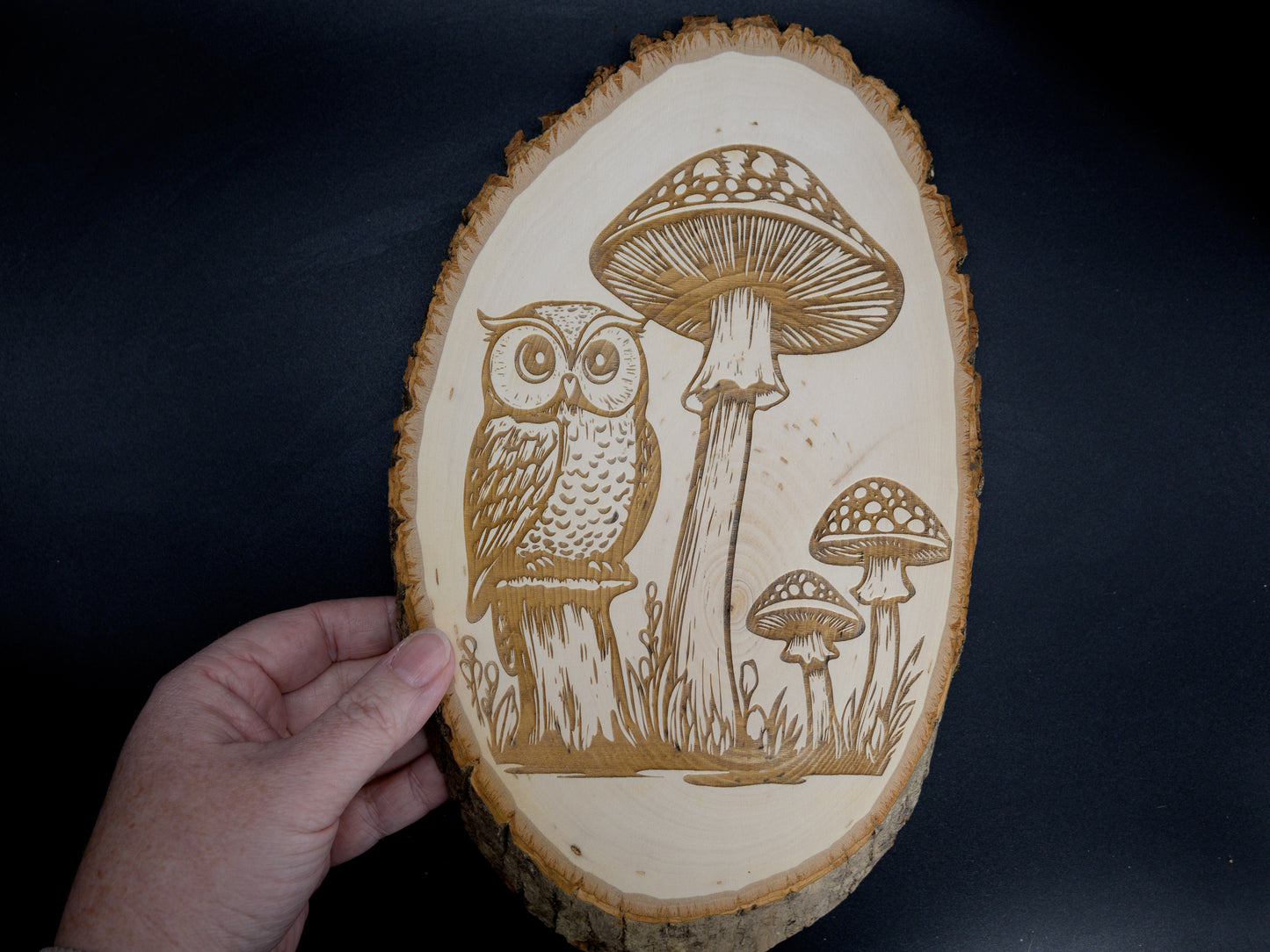 Owl Mushrooms Wood Art, Cottagecore Owl with Mushrooms Engraved on Basswood Oval with Live Edge (Copy)