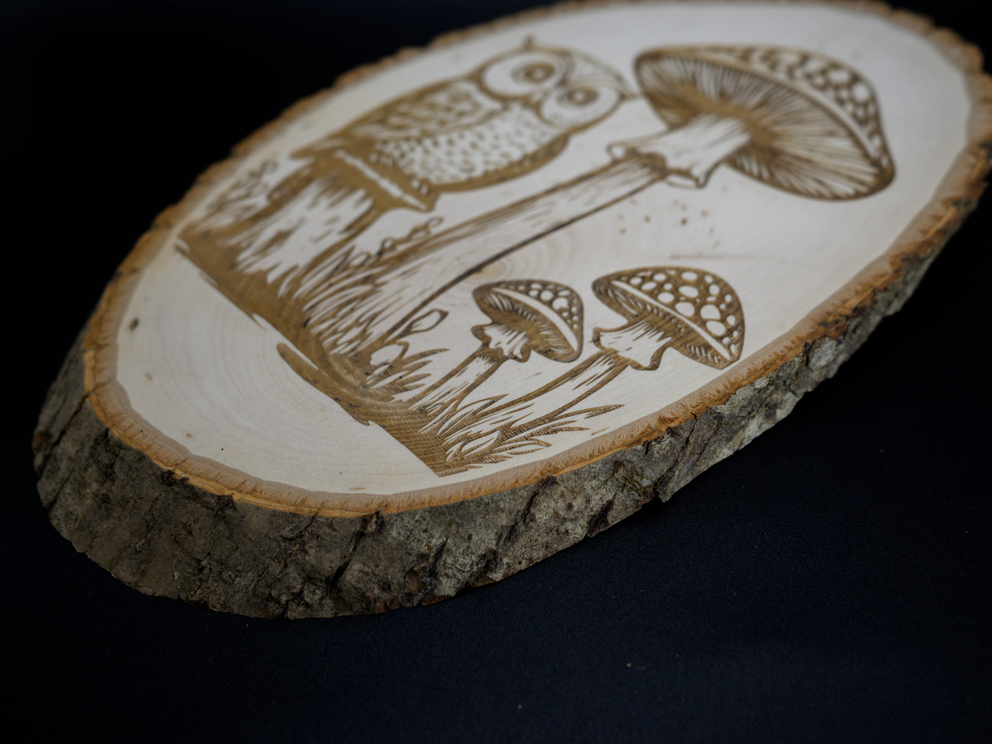 Owl Mushrooms Wood Art, Cottagecore Owl with Mushrooms Engraved on Basswood Oval with Live Edge (Copy)