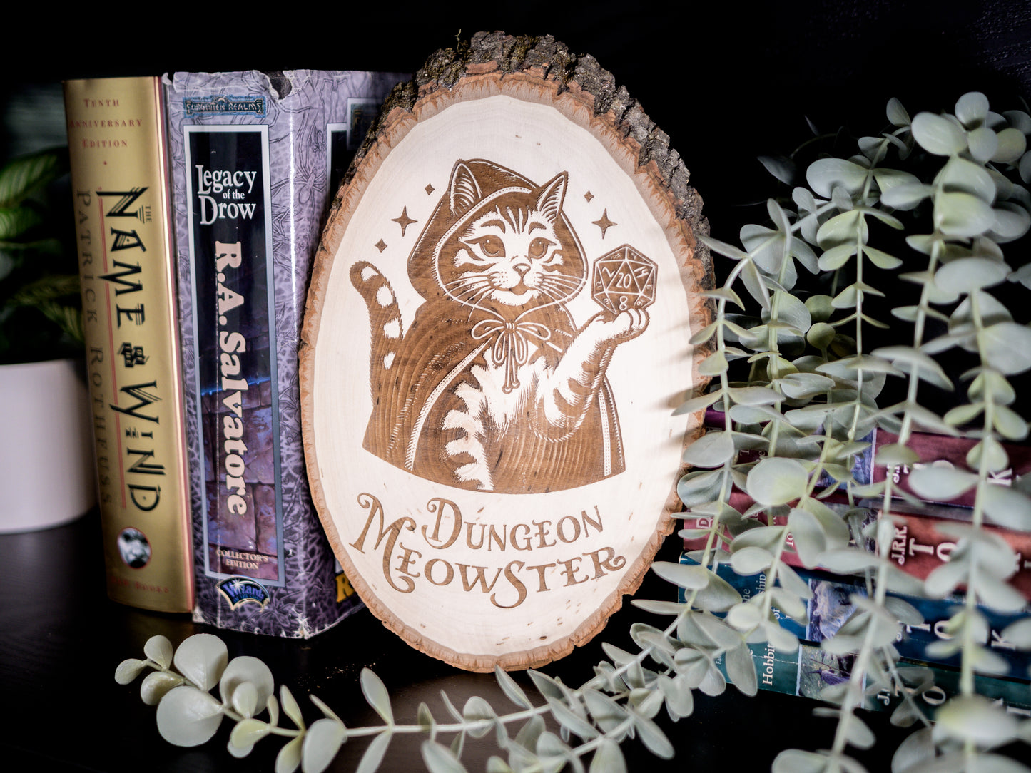 Dungeon Meowster Wood Art, DM Cat Engraved on Basswood Oval with Live Edge