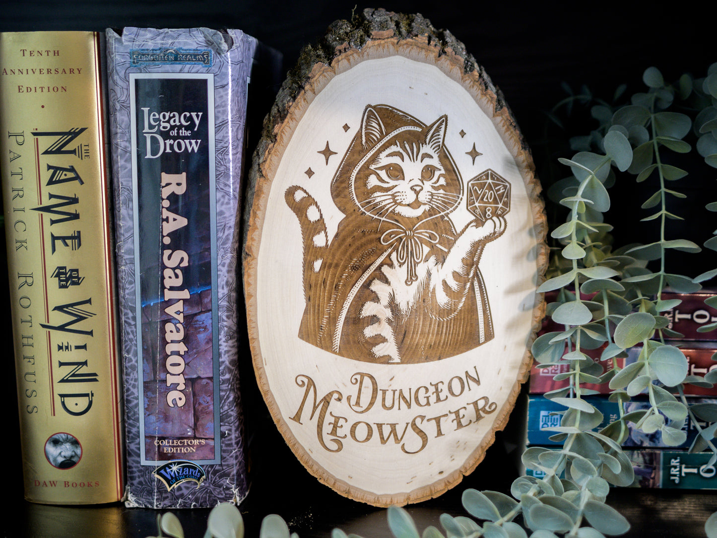 Dungeon Meowster Wood Art, DM Cat Engraved on Basswood Oval with Live Edge