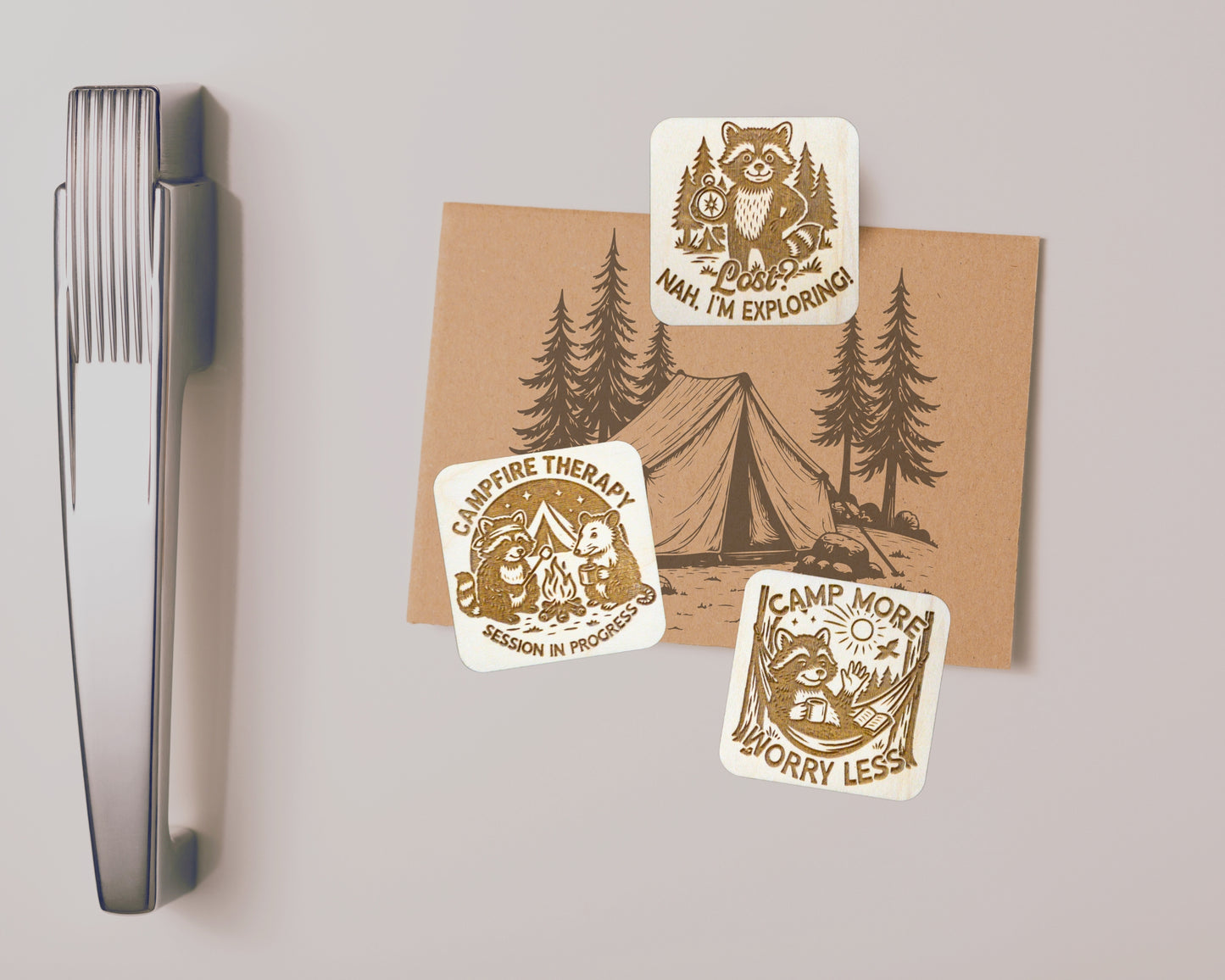 Camping Critters Wood Magnets - Set of 3 - Raccoon and Possum Camping - Trash Panda Fridge Decor