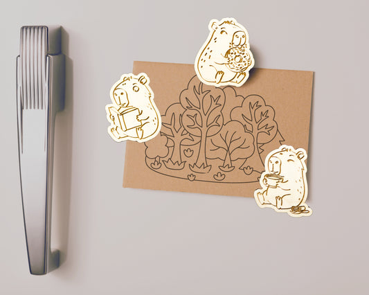 Capybara Wood Magnet Set - Set of 3 - Eating Donut, Reading Book, Sleeping - Cute Animal Fridge Decor, Gift for Capybara Lovers