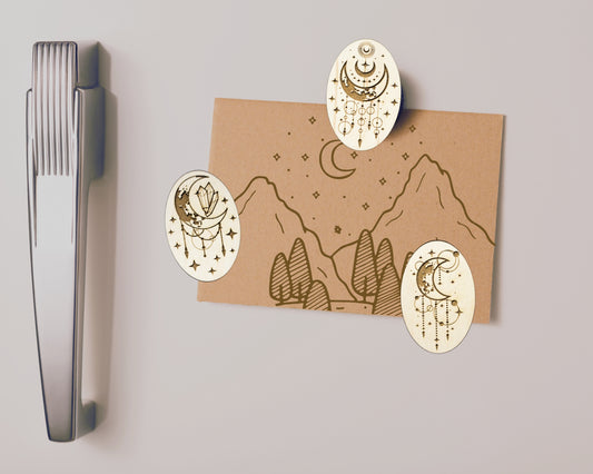 Celestial Wood Magnets - Set of 3 - Crescent Moon, Stars, & Crystals