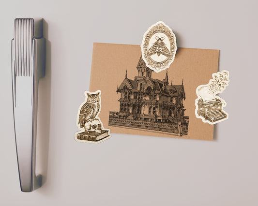 Dark Academia Magnet Set: Owl, Moth, and Typewriter Wood Art - Vintage Scholar Aesthetic - Handmade Bookish Gift