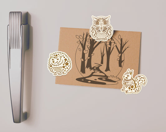 Folk Art Animal Wood Magnets - Set of 3 - Hedgehog, Squirrel, Owl - Scandinavian Style Decor, Cottagecore Gift
