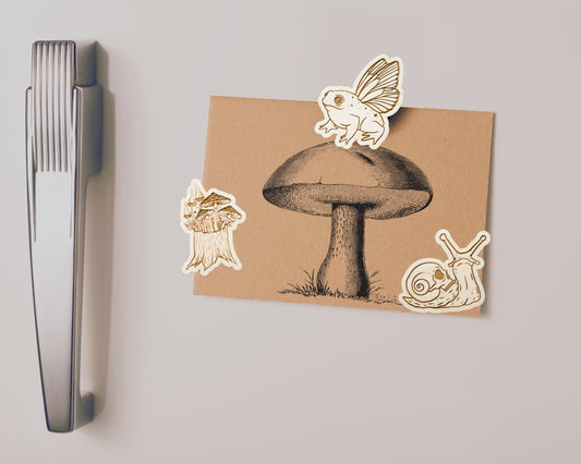 Goblincore Wood Magnets - Set of 3 - Winged Frog, Skull Snail, Mushroom Stump - Forest Floor Decor, Oddities & Curiosities, Whimsigoth Gift